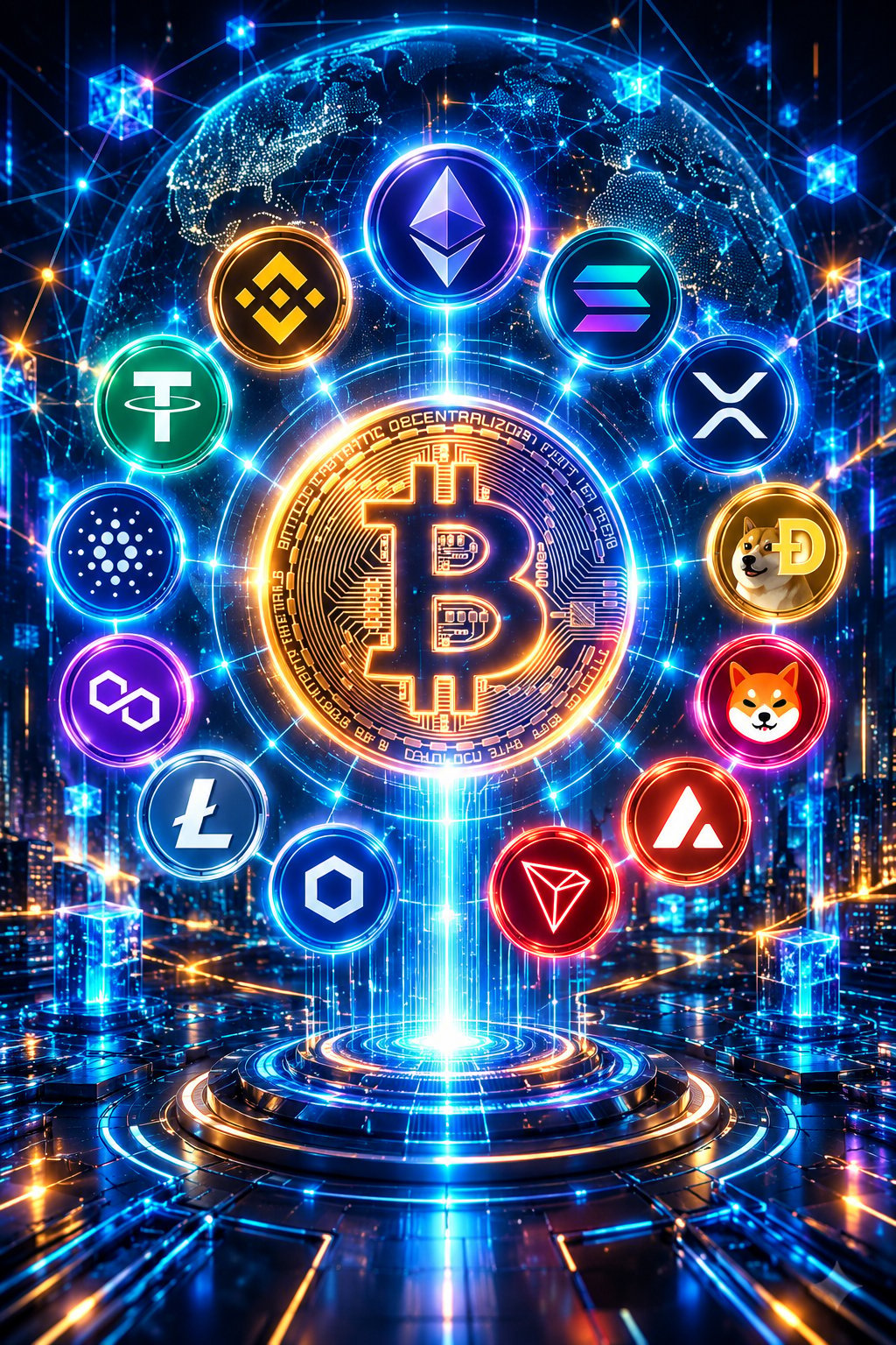 Digital artwork showing Bitcoin at center surrounded by cryptocurrency and blockchain logos in glowing neon rings against a futuristic cityscape background