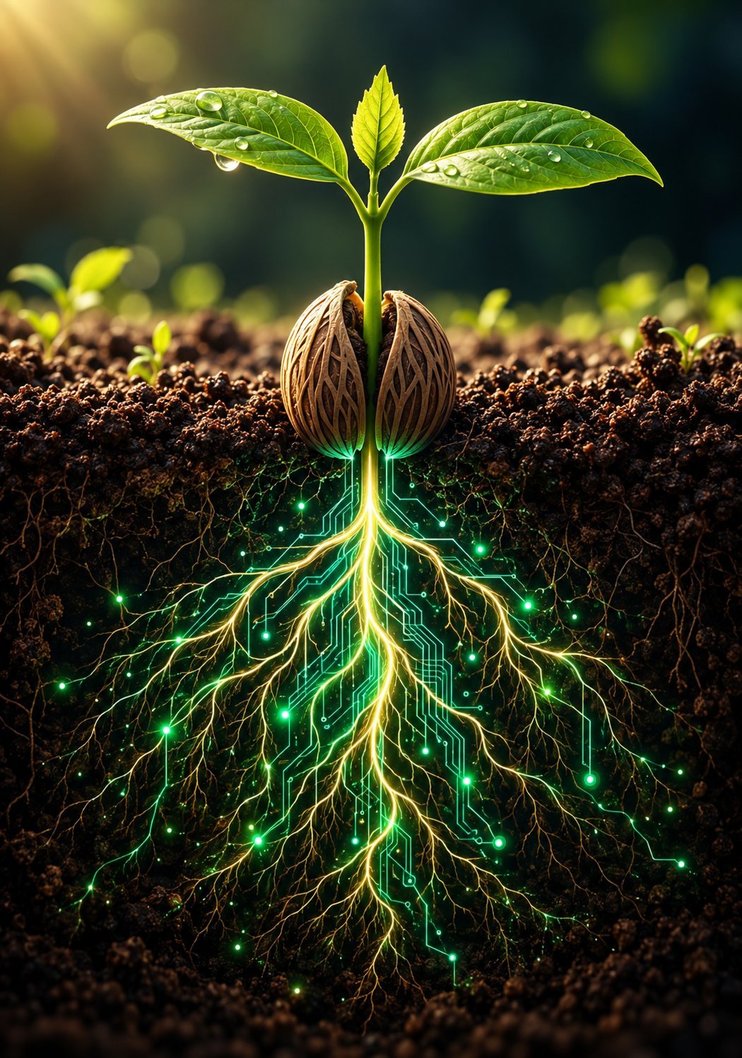 Young seedling with green leaves sprouting from soil, glowing green root system visible underground with digital light effect