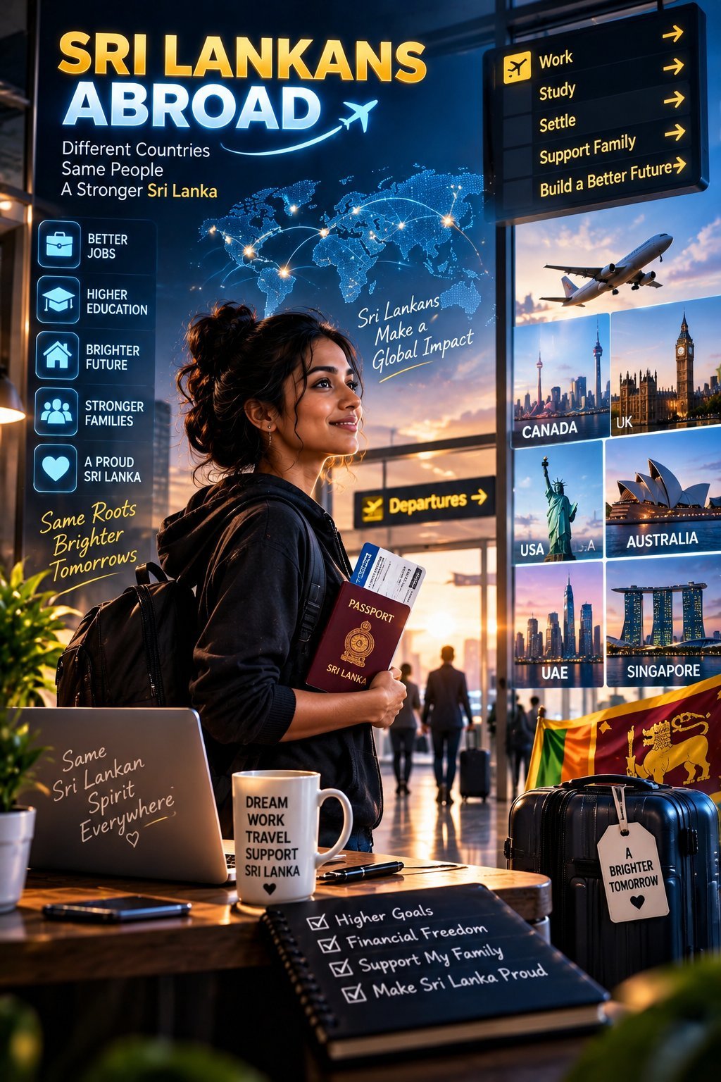 Young Sri Lankan woman holding passport at airport, planning to work abroad with world map and destination cities displayed behind her
