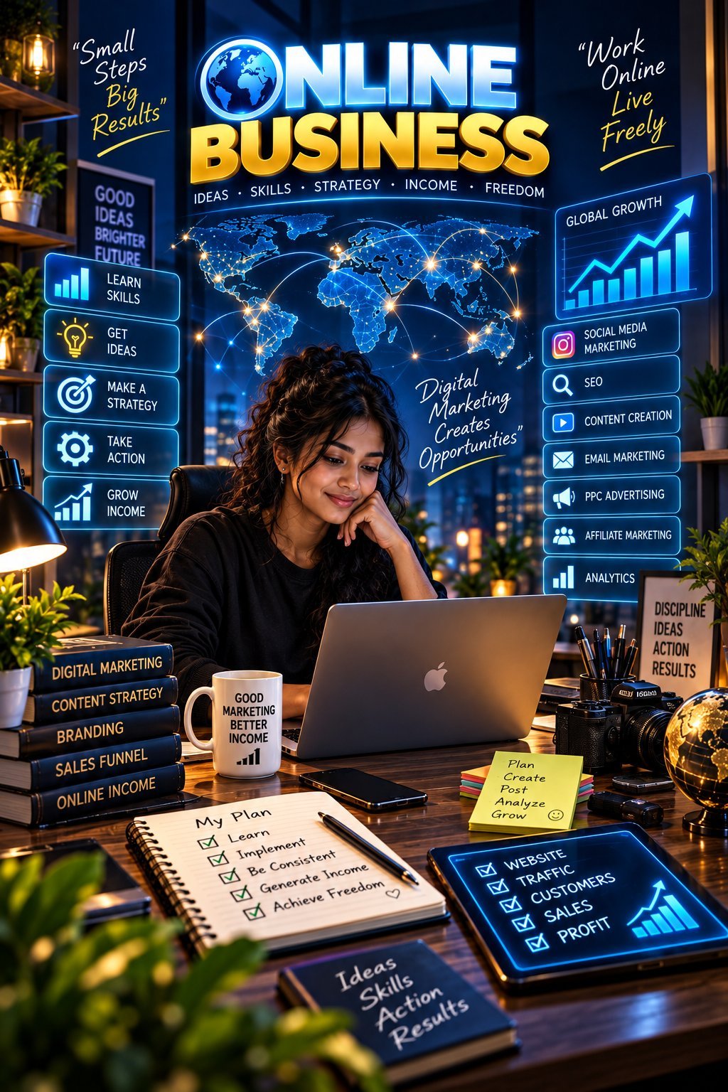Woman at desk with laptop surrounded by neon signs about online business, digital marketing, and entrepreneurship strategies.
