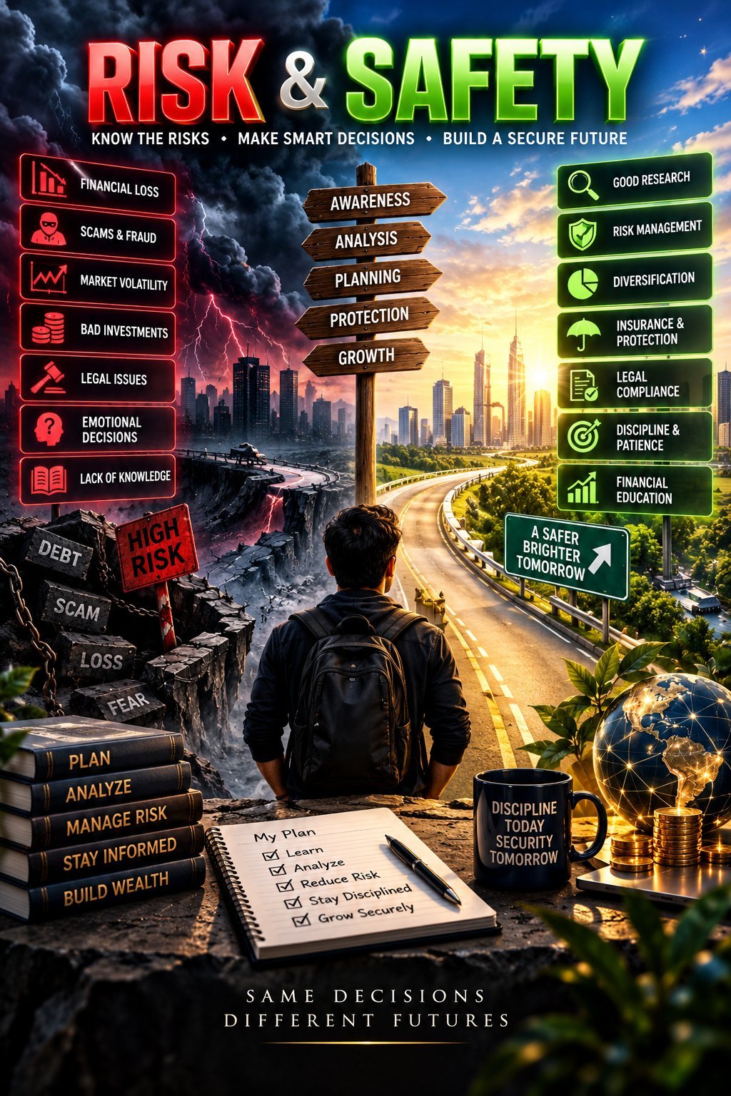 Infographic about risk and safety showing a figure planning financial decisions with cityscape and risk management strategies
