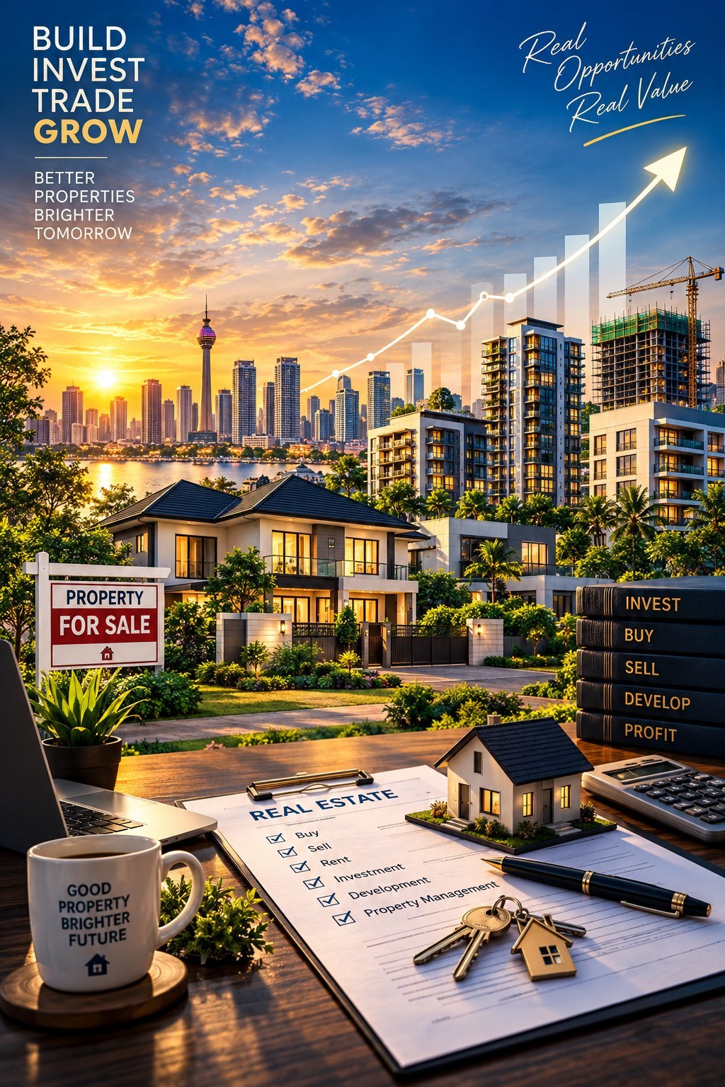 Real estate investment promotional image showing property listing form, house keys, coffee mug, calculator, and skyline with modern buildings at sunset, featuring growth chart and investment options.