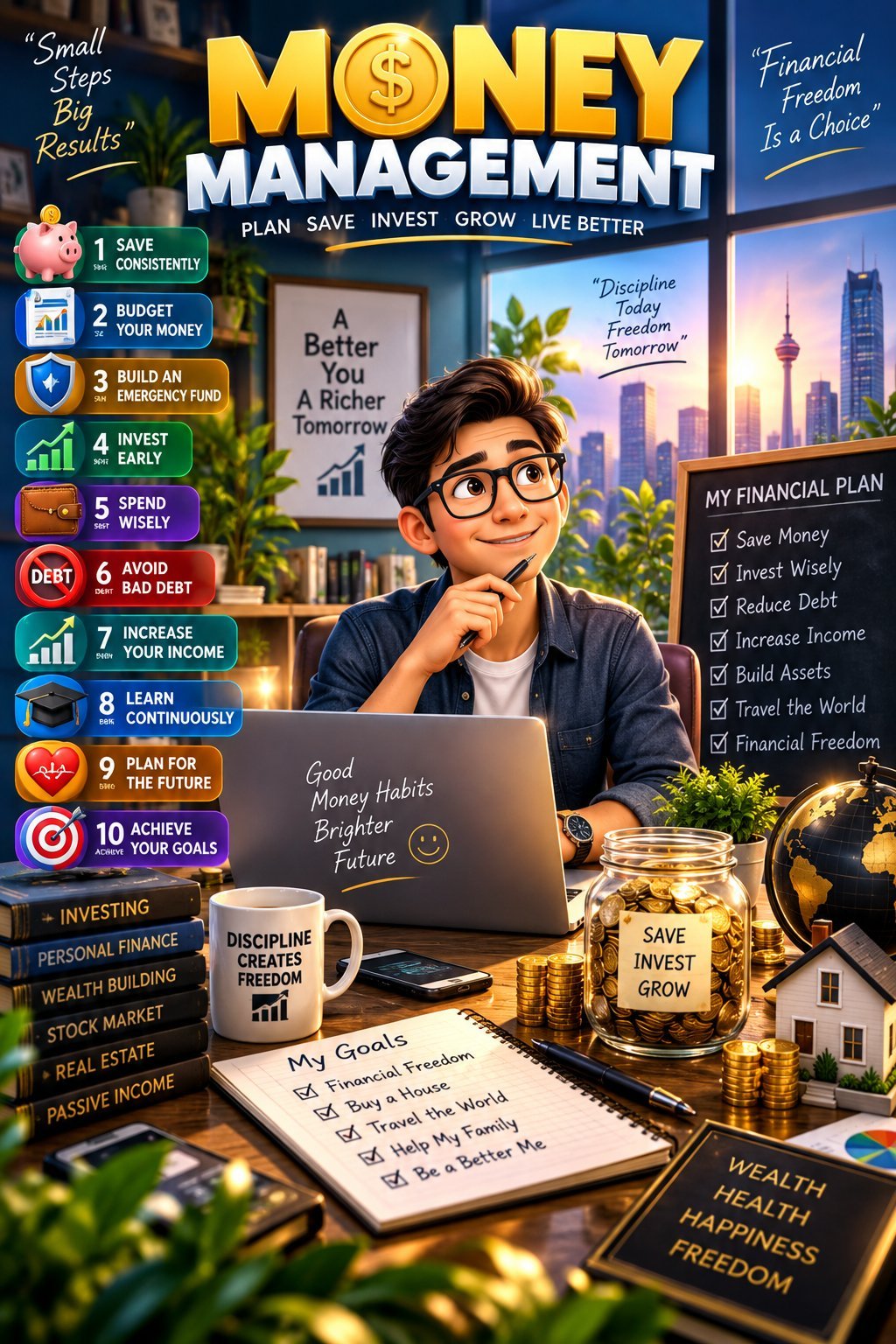 Young man at desk with laptop surrounded by financial planning materials and money jars, illustrating money management principles