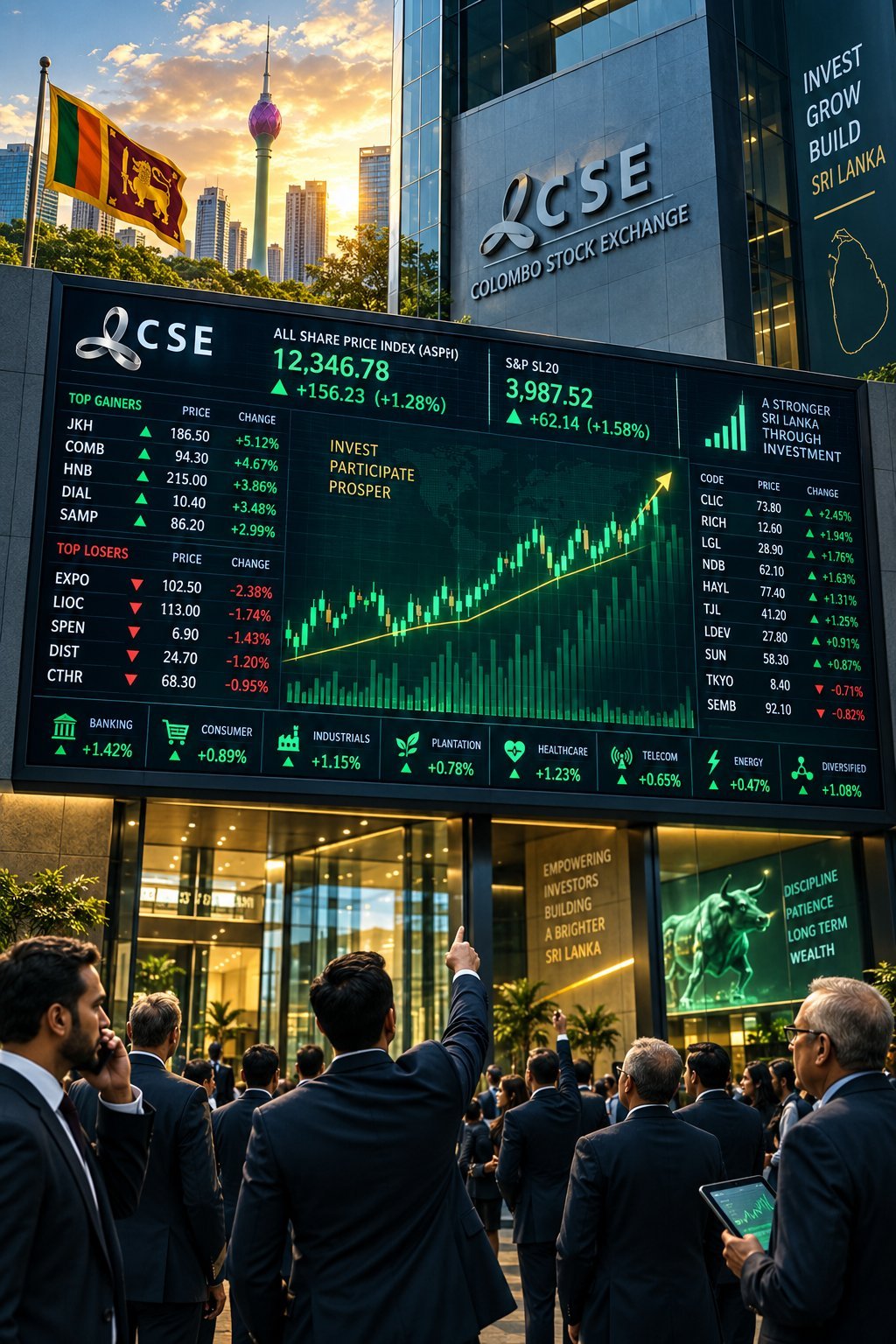 CSE Colombo Stock Exchange display showing market index and stock performance with businesspeople gathered below at sunset